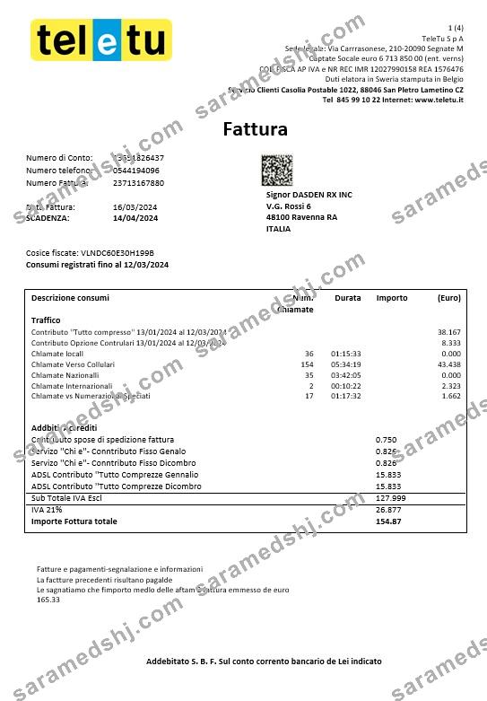 Italy TeleTu business utility bill template in Word and PDF format